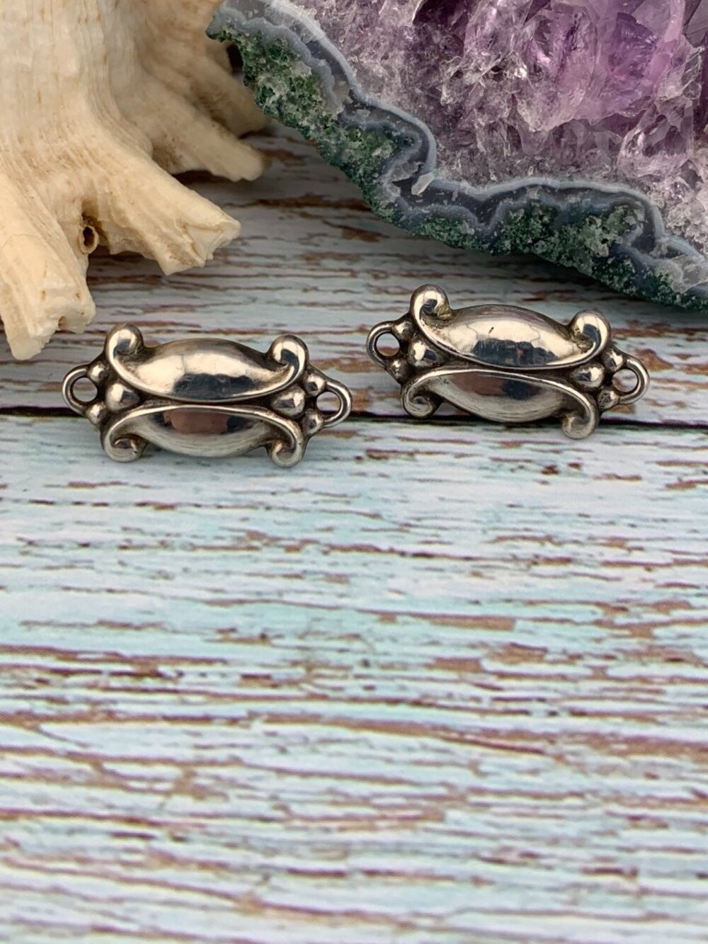 Georg Jensen Moonlight Blossom #11 Pierced Sterling Silver Earrings OOAK J1441